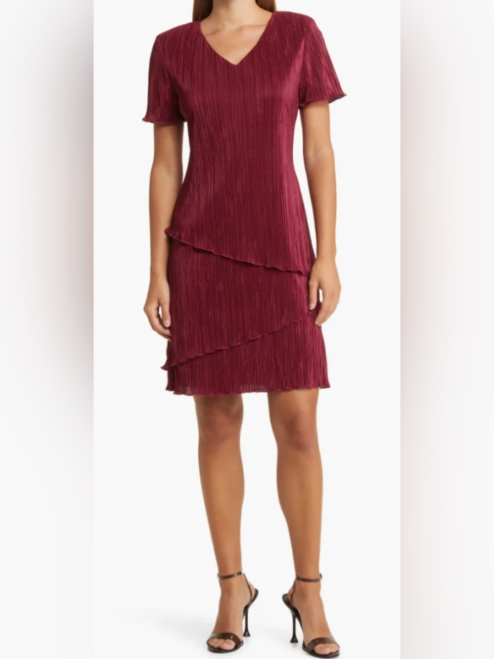 Connected Apparel Dress Merlot Crepe Asymmetrical Skirt Layers Short Sleeves 16👍